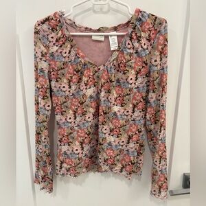 Vintage Y2K Floral Lettuce Hem Mesh Fitted Stretchy Top Size Large